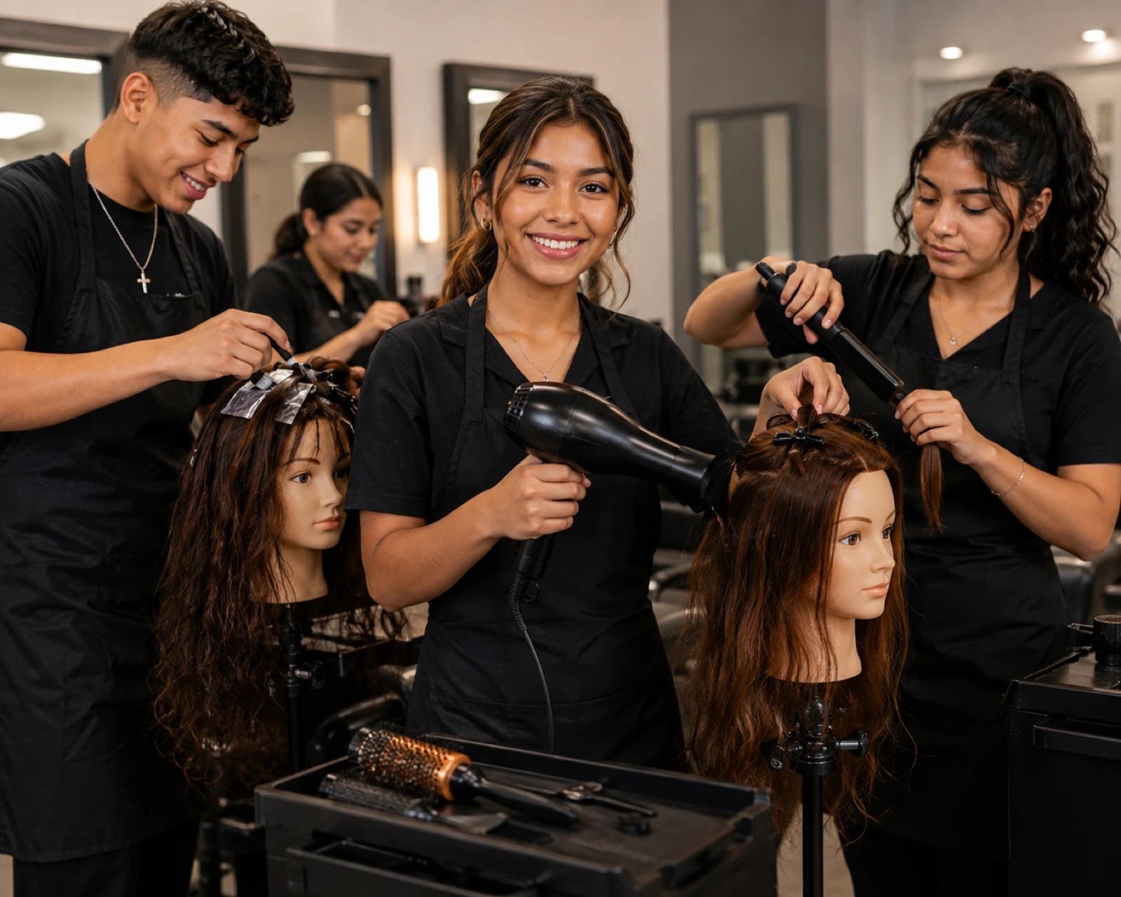 Cosmetology students practicing styling — illustration of the planned AGORA Cosmetology College