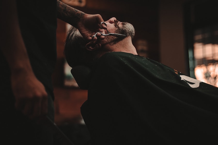 A barber at work with shears