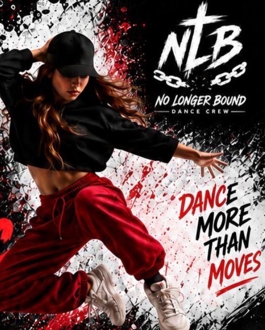 Dancer mid-jump from the Free Hip Hop Dance Clinic flyer, with the No Longer Bound Dance Crew logo