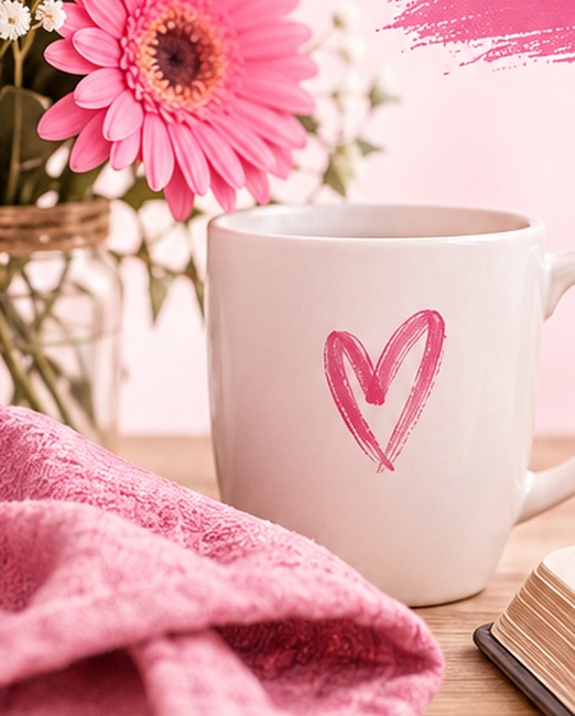 A white coffee mug with a pink heart beside a pink gerbera daisy and an open Bible, from the Women of the Westside Breakfast flyer
